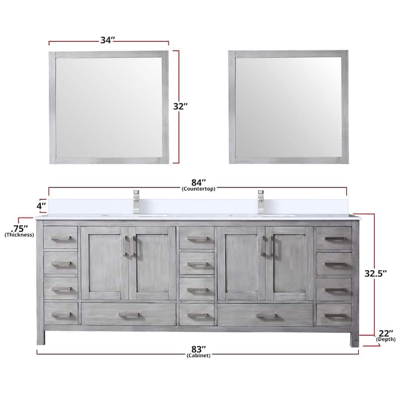 Jacques 84 in. W x 22 in. D Distressed Grey Double Bath Vanity and White Quartz Top