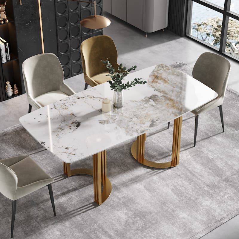 Modern Dining Table, White Sintered Stone Tabletop Rectangular Dining Table with Carbon Steel Base - N/A - Antique White&Gold