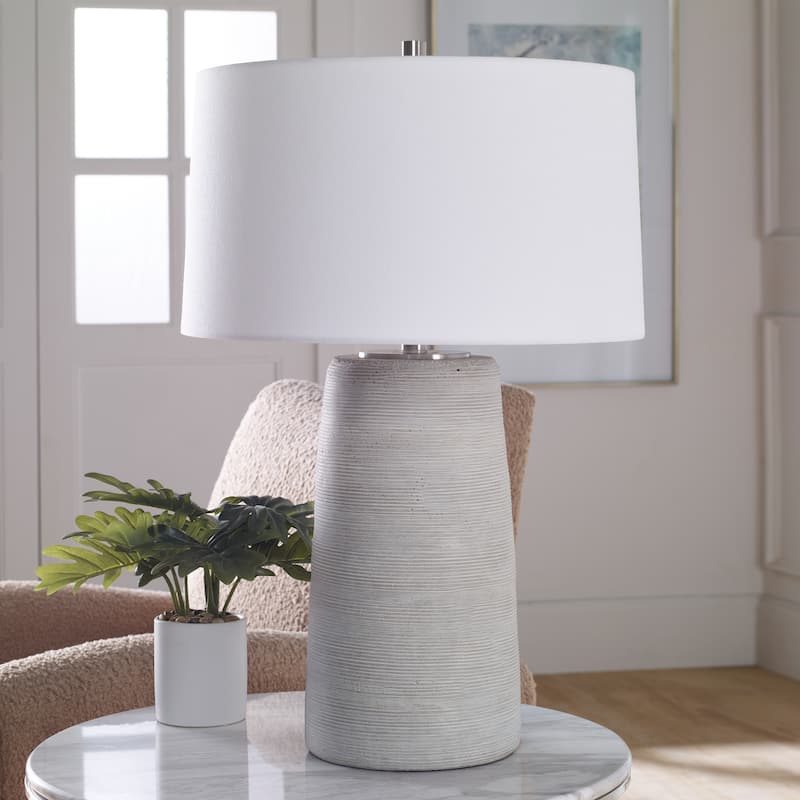 Carved Ring Ceramic Table Lamp with Drum Shade - 27.5" - Gray and Cream