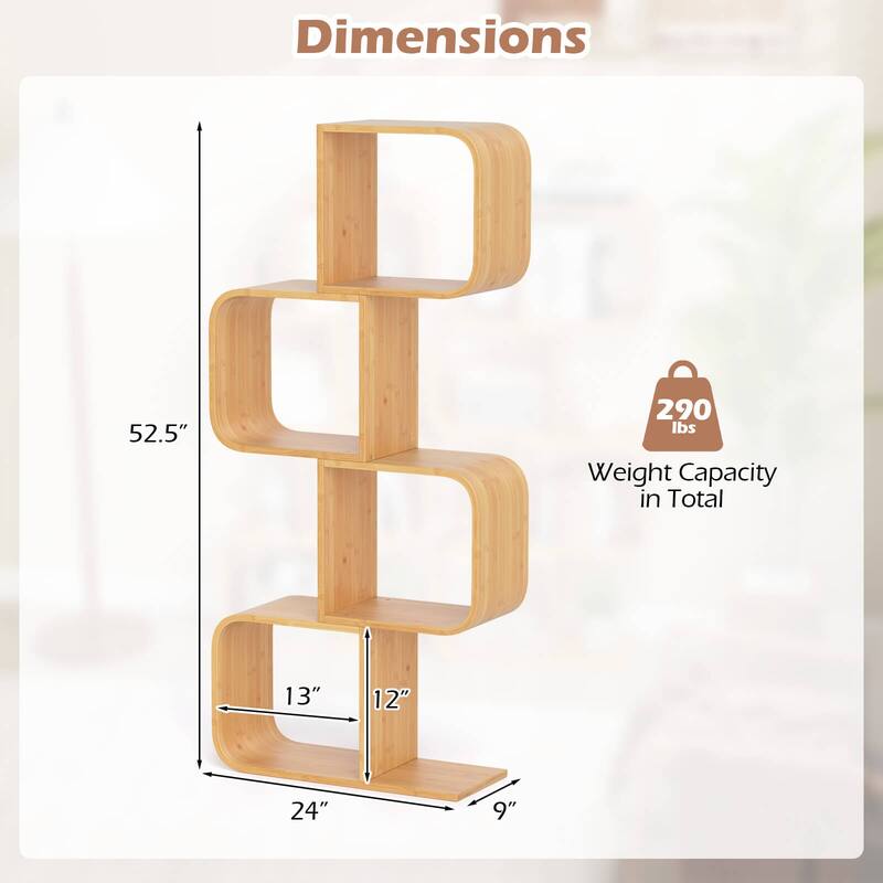 Costway 1/2 PCS 4-Tier S-Shaped Bookcase with 4 Open Cubes Geometric