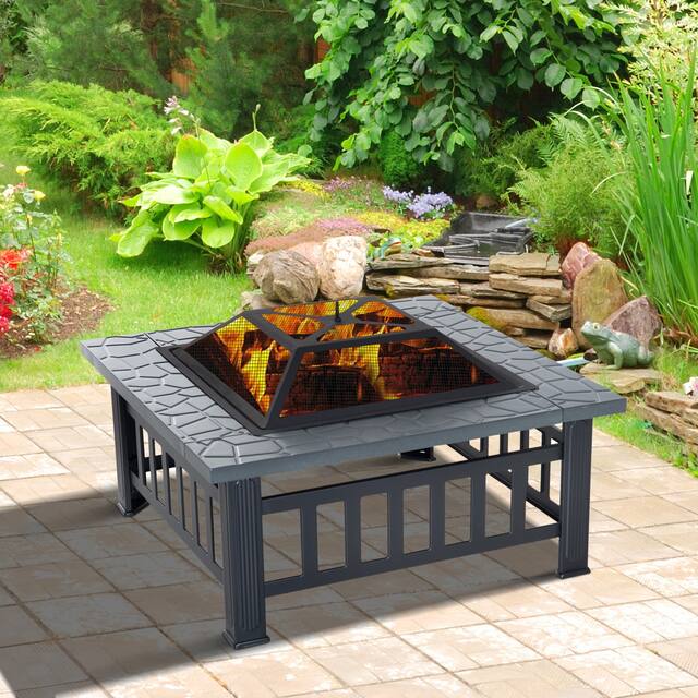 Outsunny 32" Steel Square Outdoor Patio Wood Burning Fire Pit Table Top Set - Black