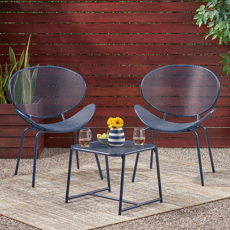 Roomfitters Outdoor Chat Set 3 Piece Metal Conversation Seating Mesh Design Iron Chairs