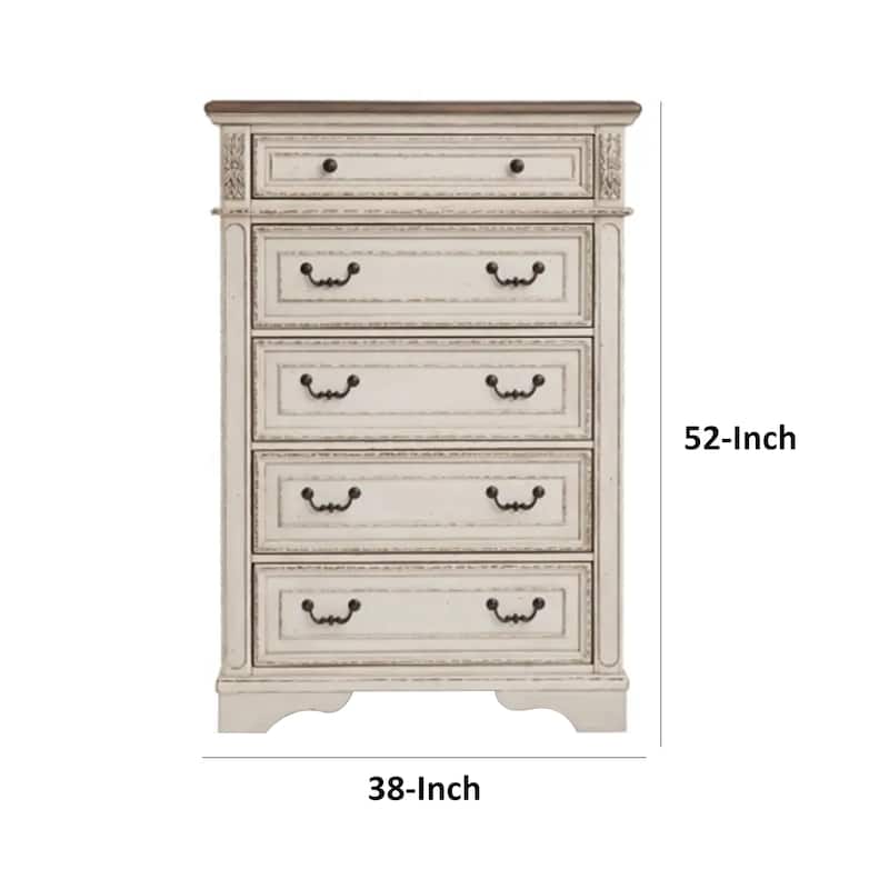 Beny 52 Inch Tall Dresser Chest with 5 Drawers, Black Handles, White Wood