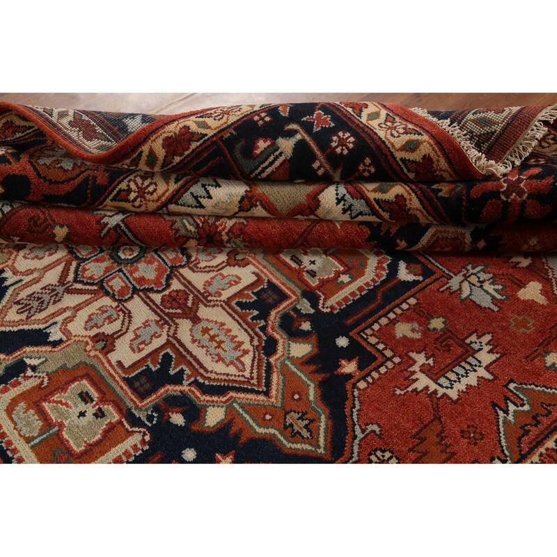 Geometric Heriz Serapi Indian Area Rug Handmade Orange Wool Carpet - 8'11"x 11'9"
