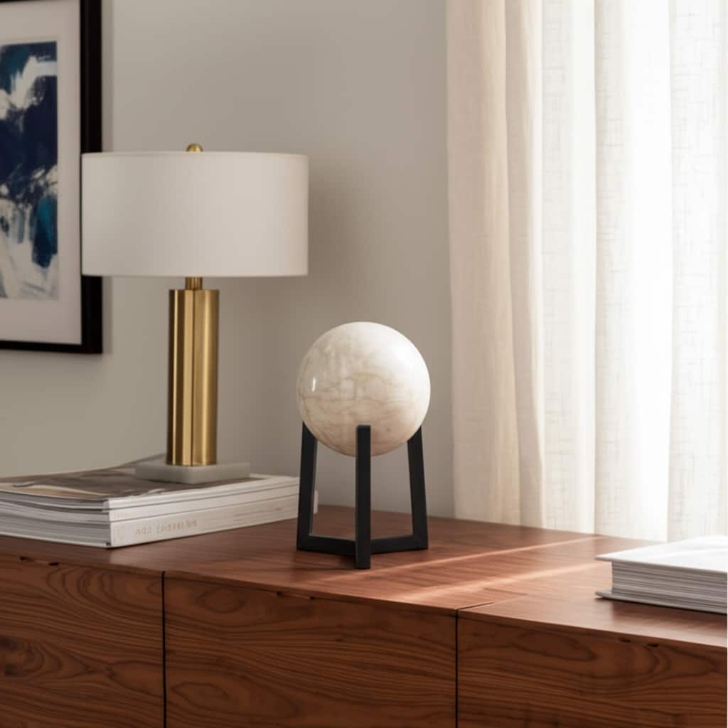 Marble Sculpture Spherical Iron Stand - 14" Ivory/Black - 8" x 8" x 14"