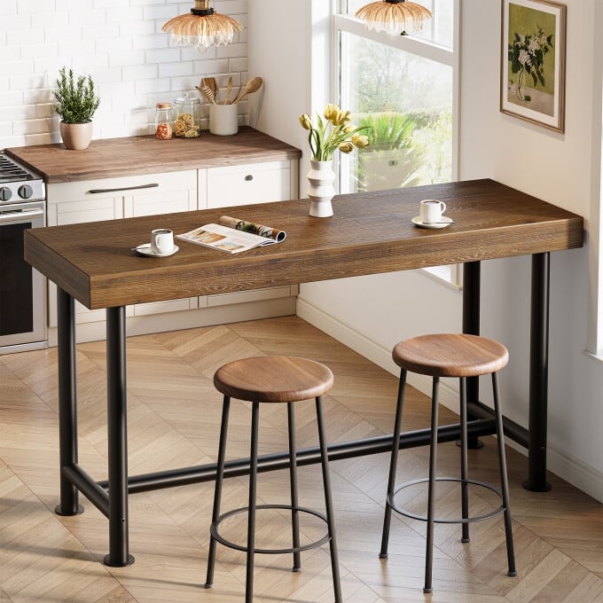 63-Inch Solid Wood Bar Height Dining Pub Table with Metal Frame - Brown&Black