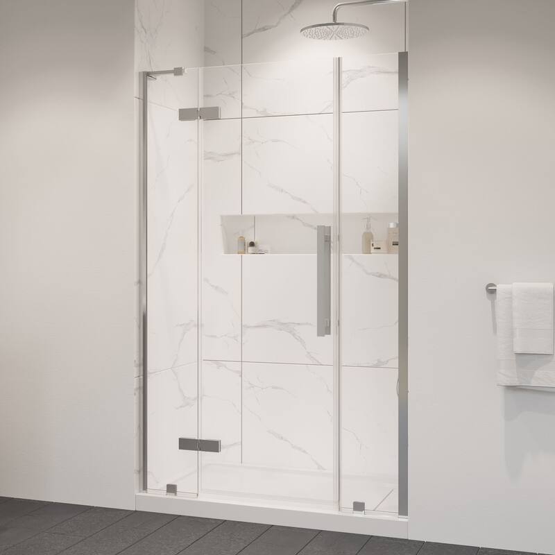 OVE Tampa Alcove Frameless Pivot Hinge Shower Door Kit with Base Pan, 2025 - Satin Nickel - 48"x32"