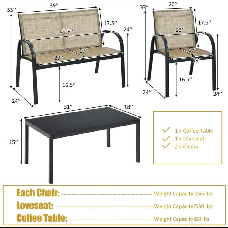 4 pcs Patio Furniture Set with Glass Top Coffee Table - 42.5" x 24.4" x 31.5" (L x W x H)