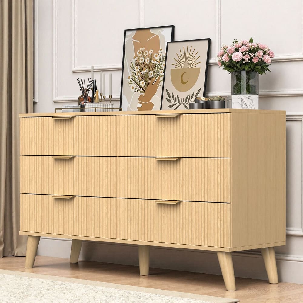 Meyreso Modern Boho Wave Wood Dresser, Wide Storage Cabinet