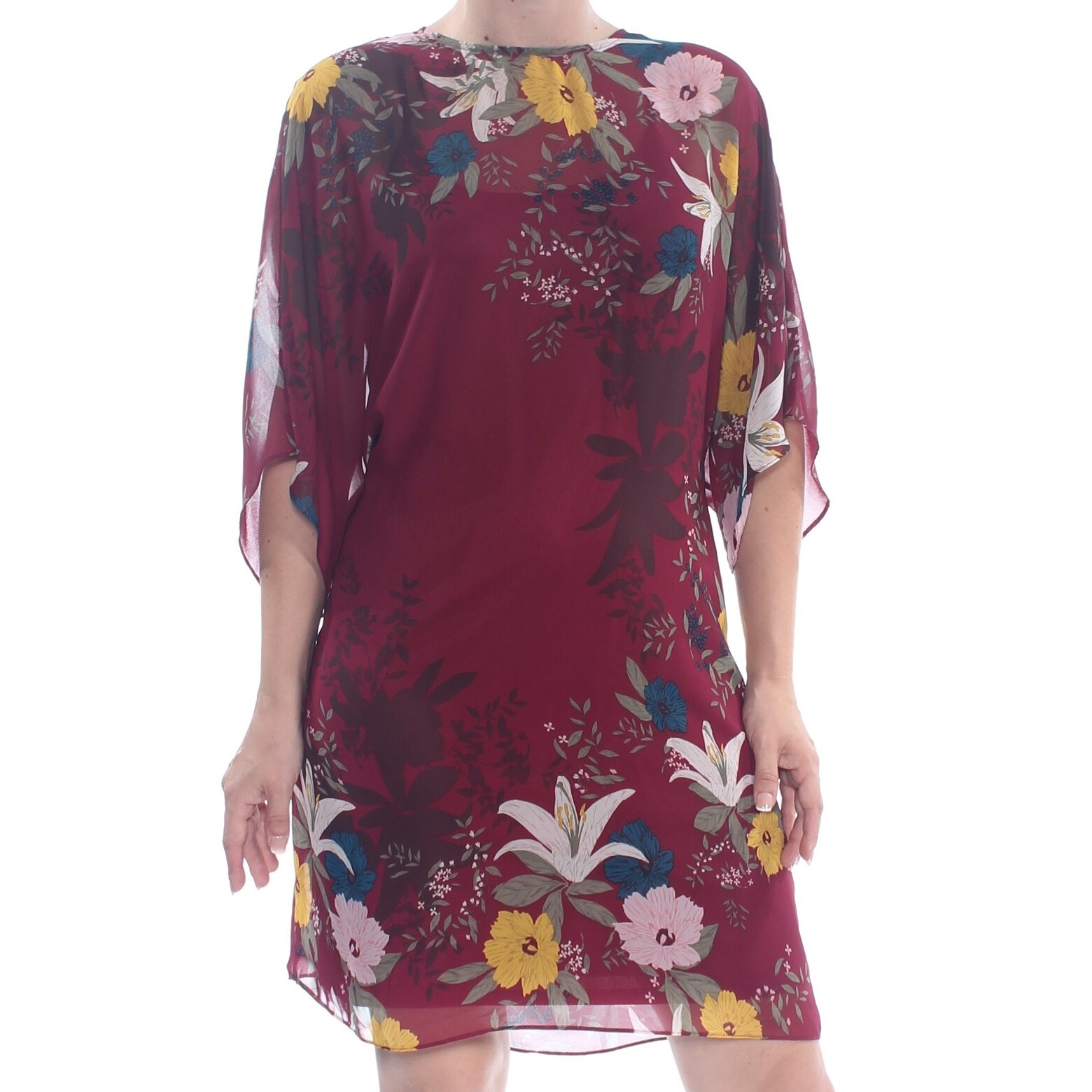 Shop Vince Camuto Womens Burgundy Floral Dolman Sleeve Crew Neck