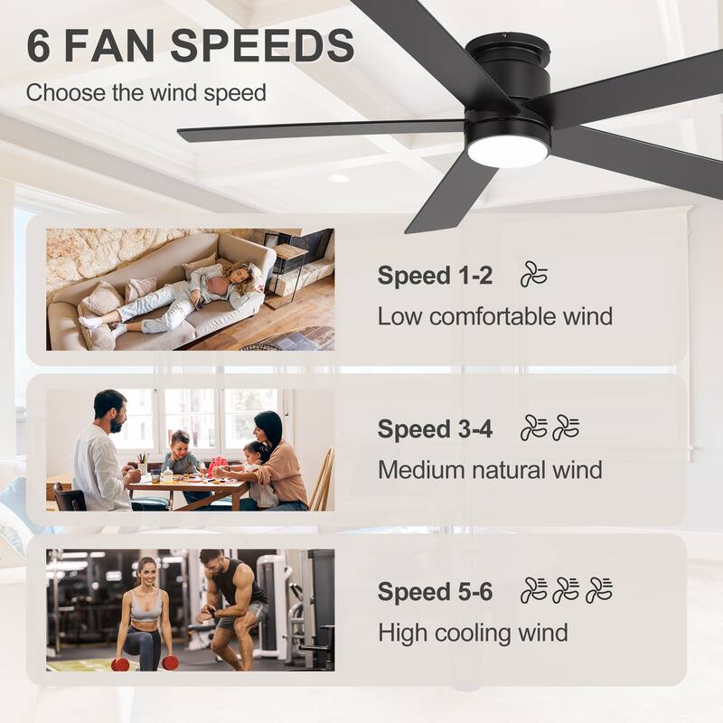 52-inch Black Flush Mount Ceiling Fan with LED Light and Remote