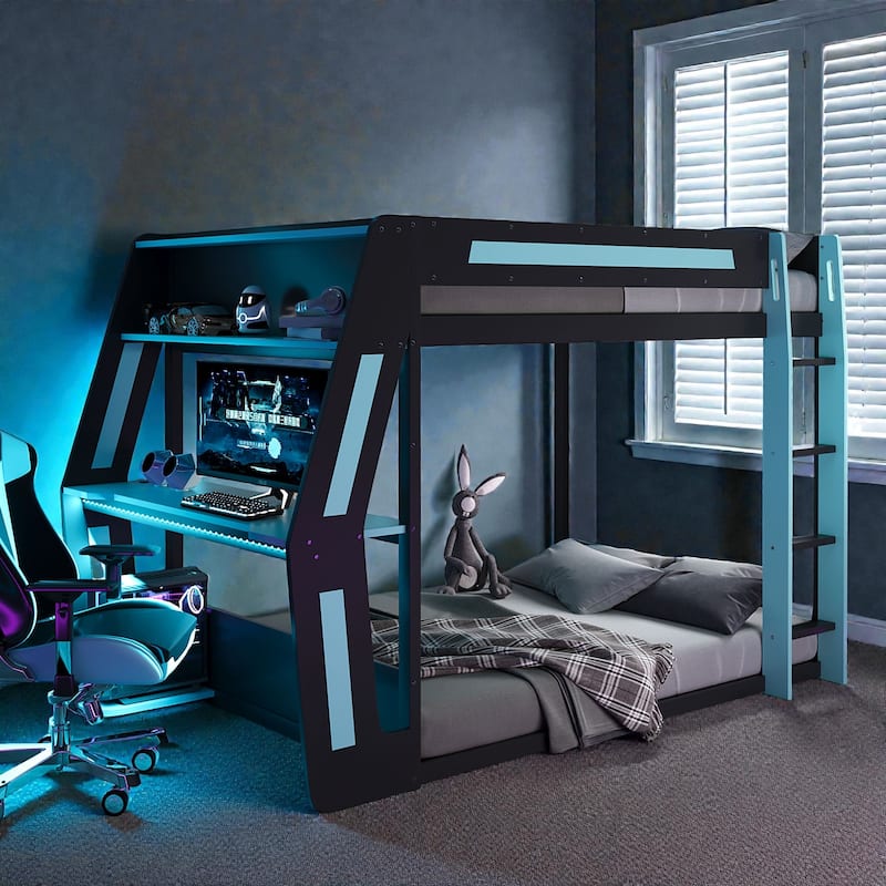 Full Size Gaming Loft Bed with RGB Desk, USB Charging Ports, LED Lights, Heavy Duty Esports Bunk Bed - Blue - Full