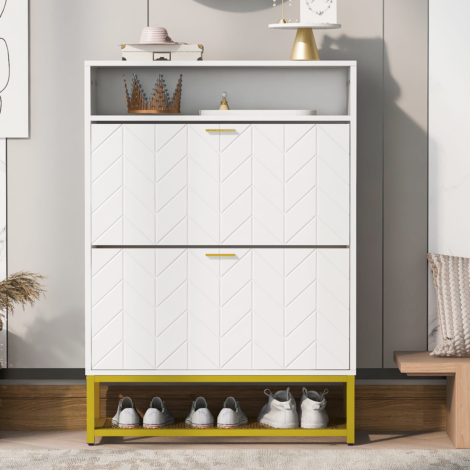 Shoe Cabinet with Flip Drawers, and Shelves,Free Standing Shoe