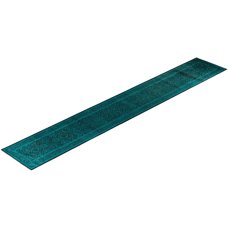 Overton Hand Knotted Wool Vintage Inspired Modern Contemporary Overdyed Green Runner Rug - 2' 7" x 17' 0"