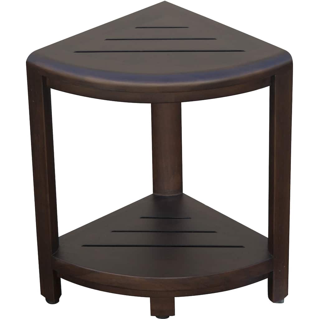 Compact Triangular Teak Shower / Outdoor Bench with Shelf in Brown Finish