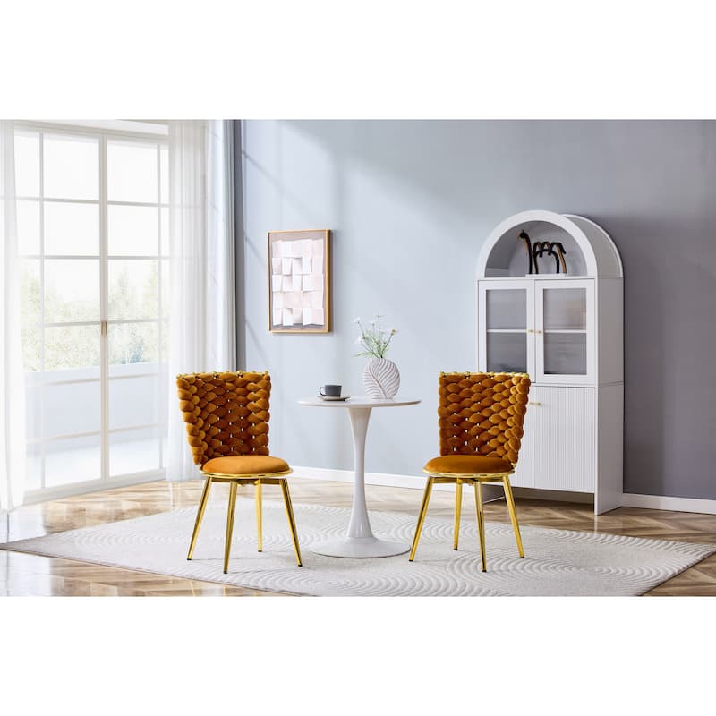 Set Of 2, Modern Luxury Velvet Woven Decorative Dining Chairs, Equipped With Gold Metal Legs And Cushioned Seats - Gold,Orange