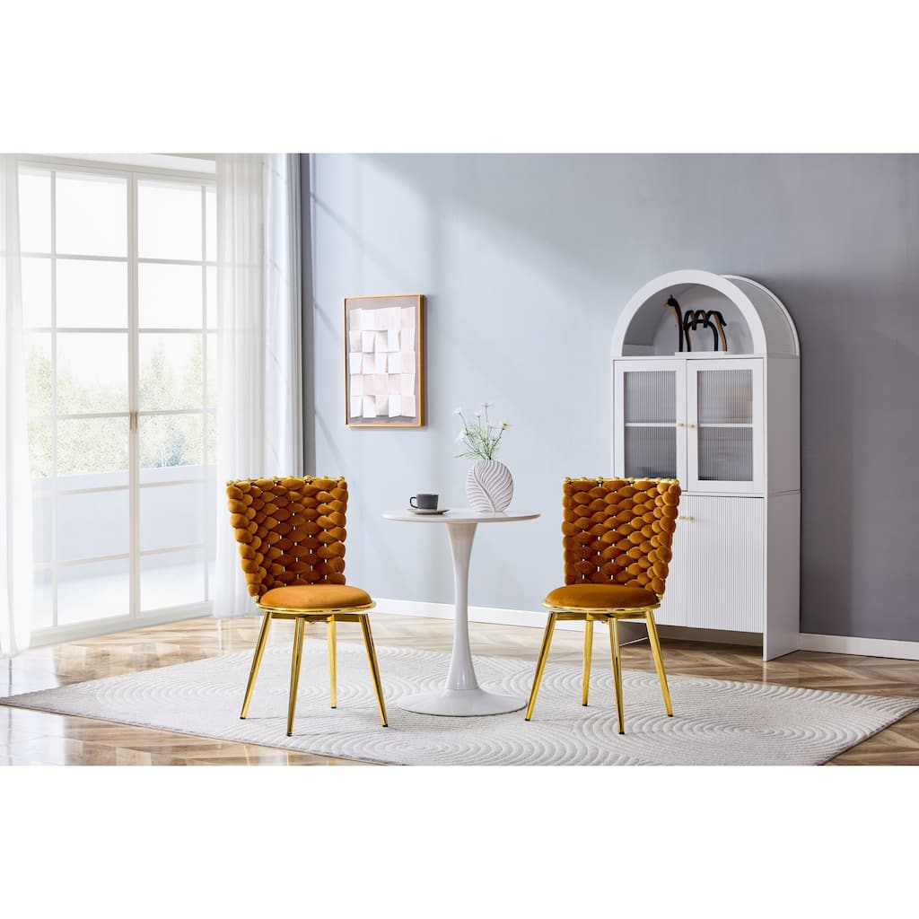 Set Of 2, Modern Luxury Velvet Woven Decorative Dining Chairs, Equipped With Gold Metal Legs And Cushioned Seats