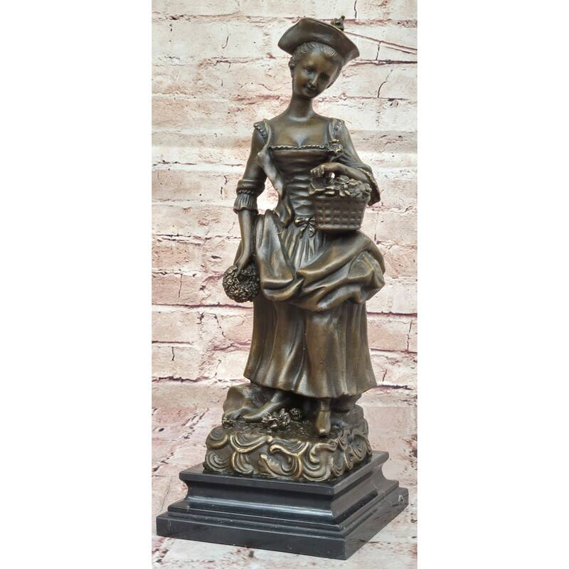 Bronze Sculpture Of Woman In Traditional Dress Holding Basket Of Flowers - Rustic Country Lady Statue