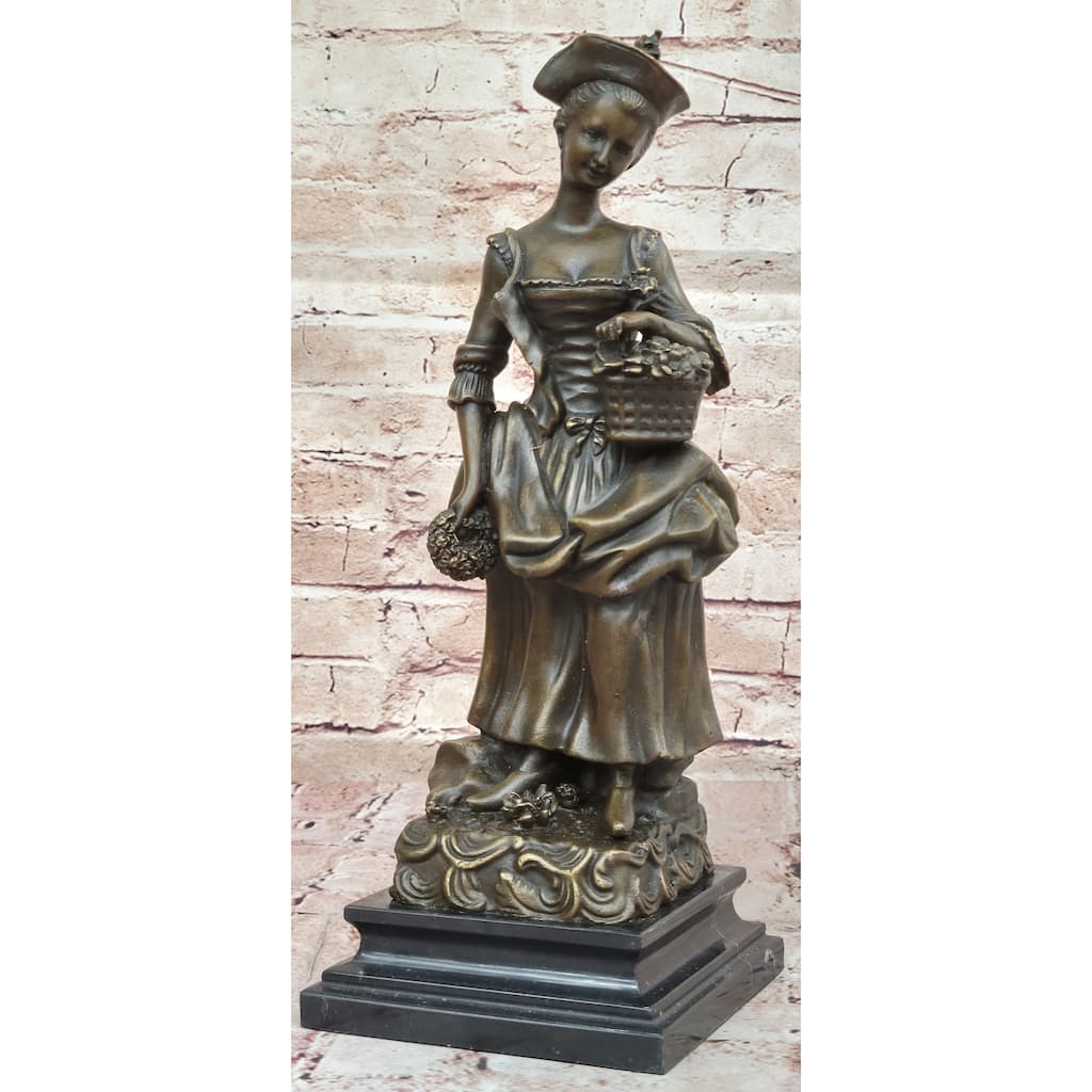 Bronze Sculpture Of Woman In Traditional Dress Holding Basket Of Flowers - Rustic Country Lady Statue