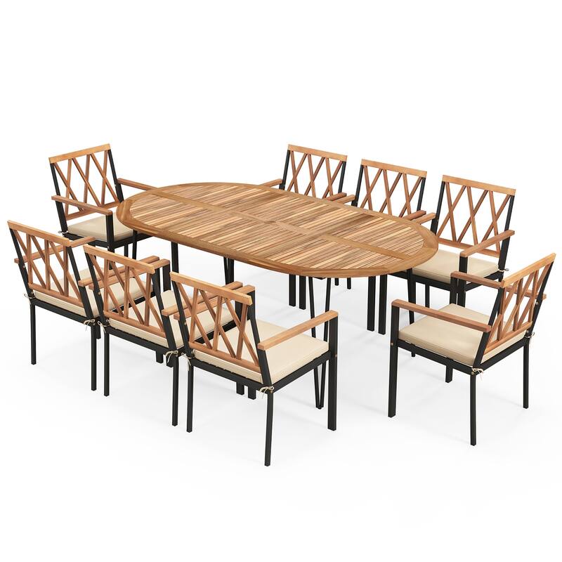 Gymax 9 PCS Patio Dining Set Table w/ Acacia Wood Top & Umbrella Hole