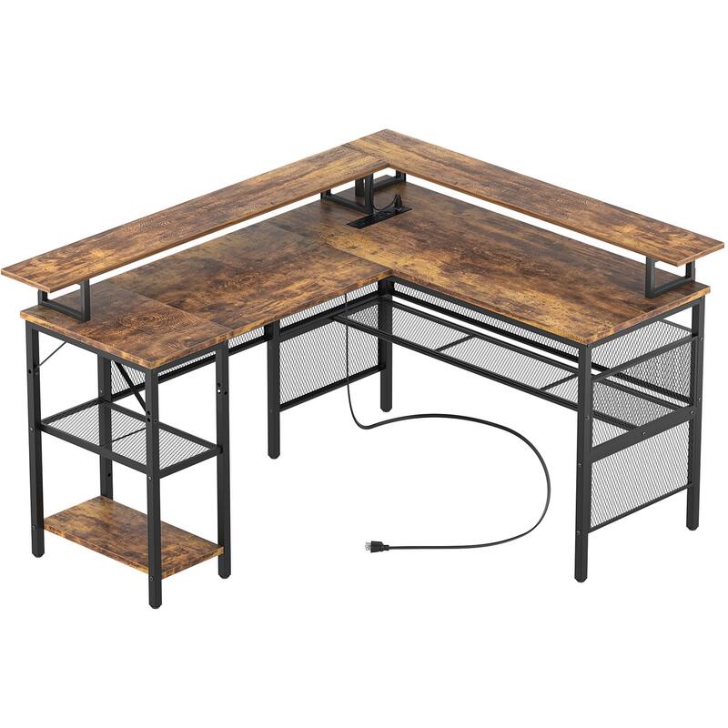 L Shape Computer Desk Reversible Gaming Desk with Charge Station and LED Light