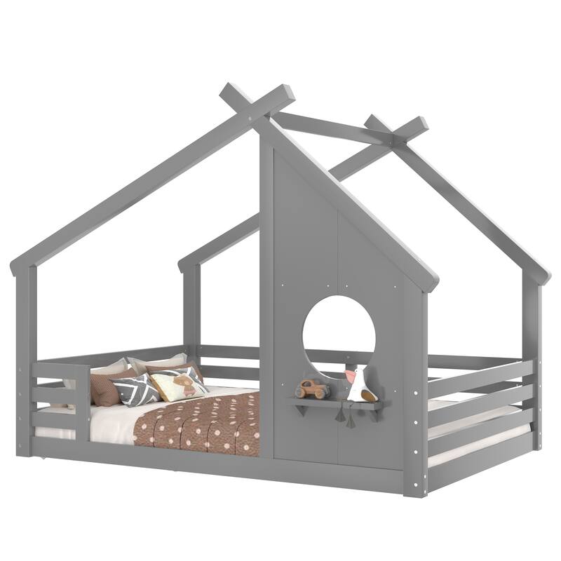 Full House Floor Bed with Window and a Small Shelf, Solid Wood Floor Bed with House-shaped Roof, No Spring Box Needed