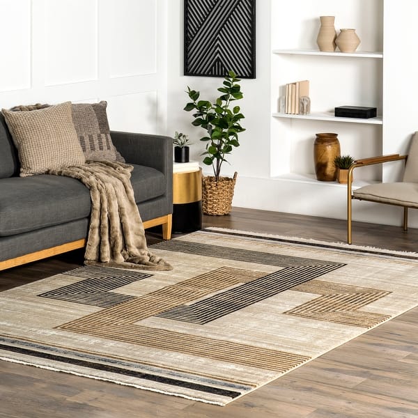 slide 2 of 16, Nuloom Aline Contemporary Striped Fringe Area Rug 5' x 7'10" - Beige
