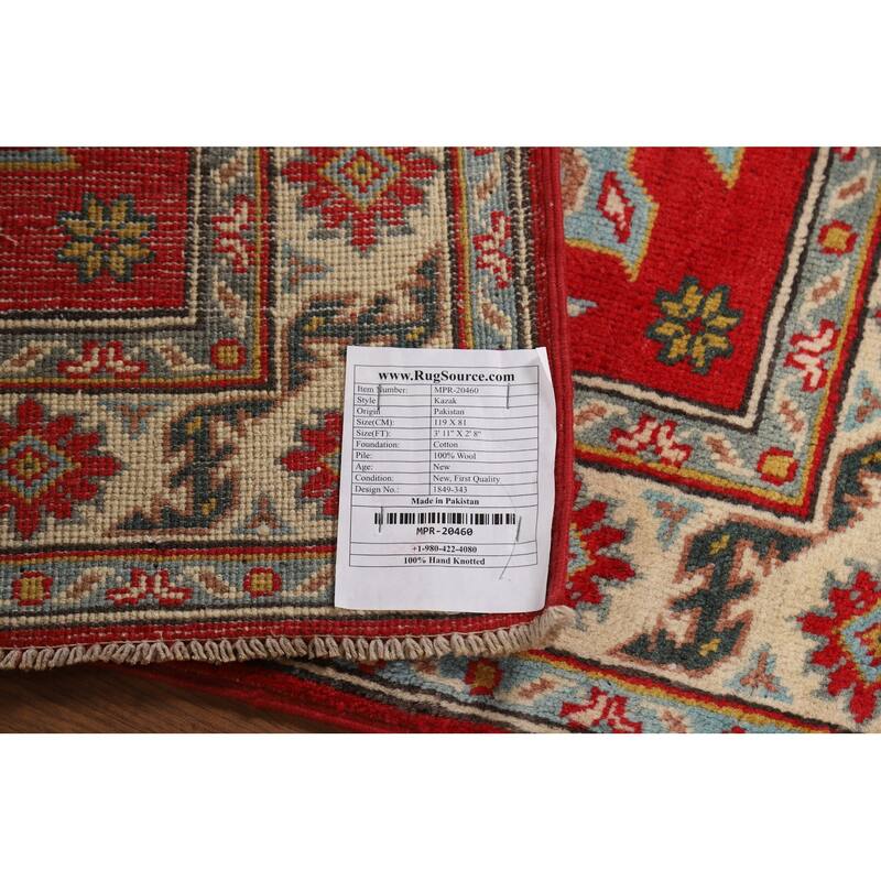 Red Kazak Foyer Rug Hand-Knotted Geometric Bedroom Wool Carpet - 2'8"x 3'11"