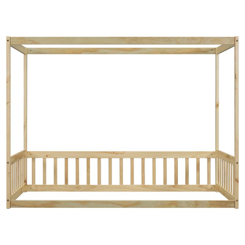 Twin Size Canopy Frame Floor Bed with Fence