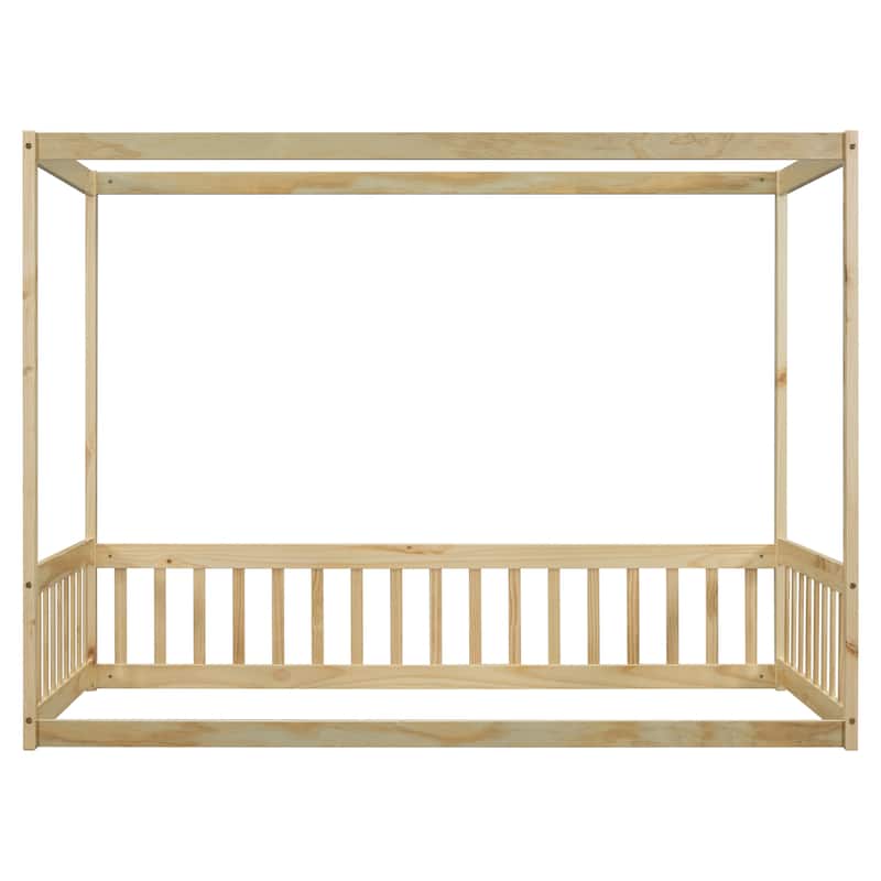 Wood Canopy Frame Floor Bed with Fence,Guardrails