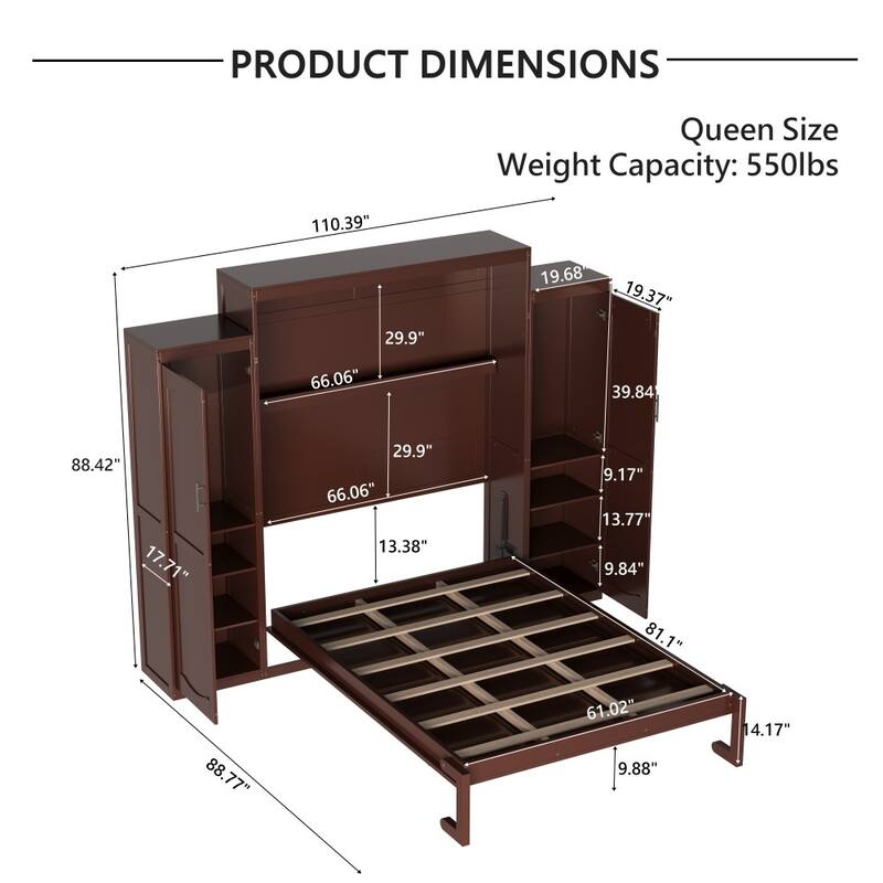 Modern Murphy Bed with Two Wardrobe and Storage Shelf