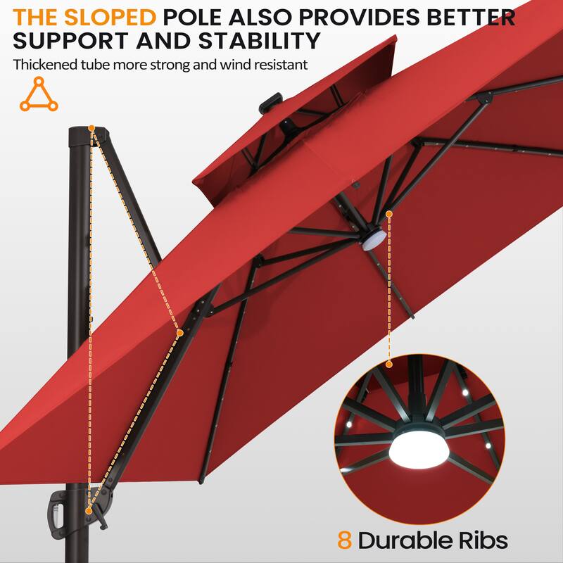 VredHom 9x11 FT Daul Top Rectangular Outdoor Patio Cantilever Umbrella Solar LED Lighted with Rod Base
