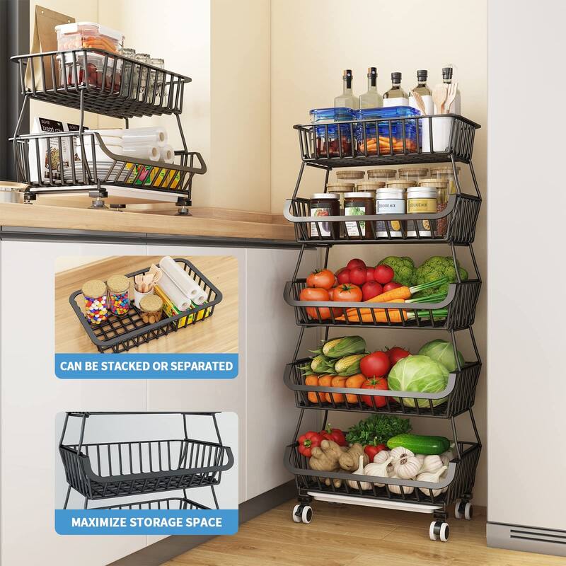 5 Tier, Kitchen Fruit Vegetable Storage Cart, Vegetable Basket Bins for Onions and Potatoes, Wire Storage Organizer Utility Cart