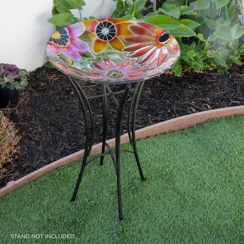 Alpine Corporation 18" Round Outdoor Birdbath Bowl Topper with Colorful Painted Flowers Design