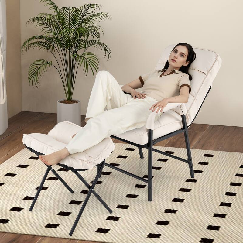 Gymax Modern Accent Chair w/ Ottoman Linen Fabric Arm Chair w/