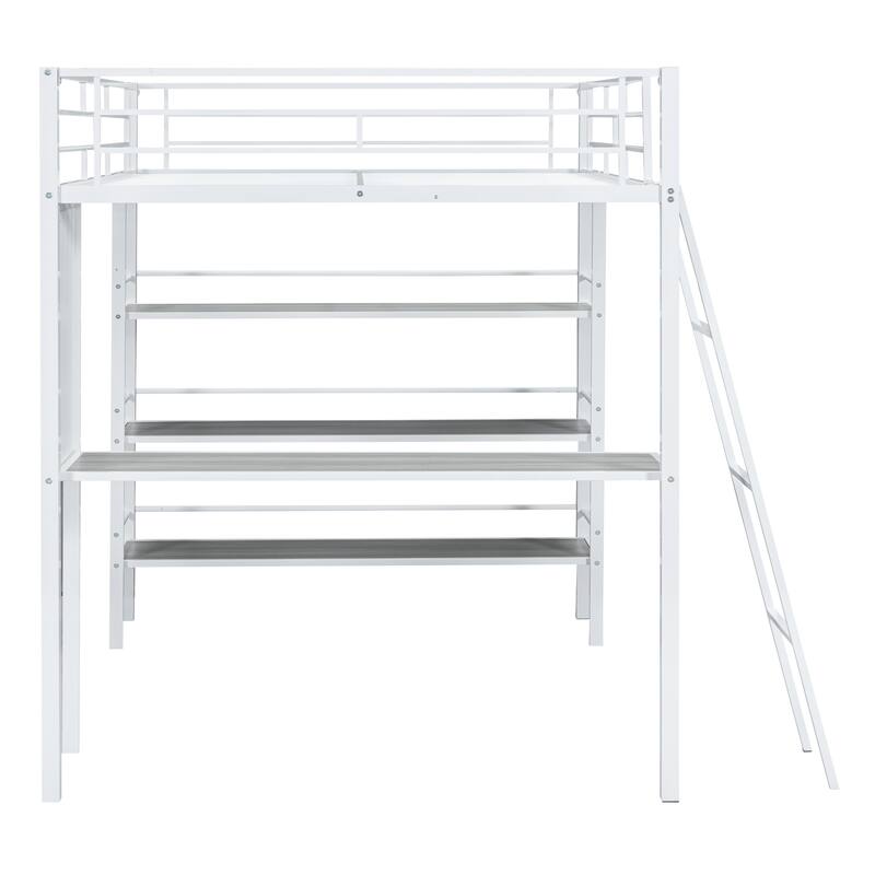 Stylish Loft Metal Bed with 3-Layer Shelves, Built-in Desk & Whiteboard - Modern Frame Design