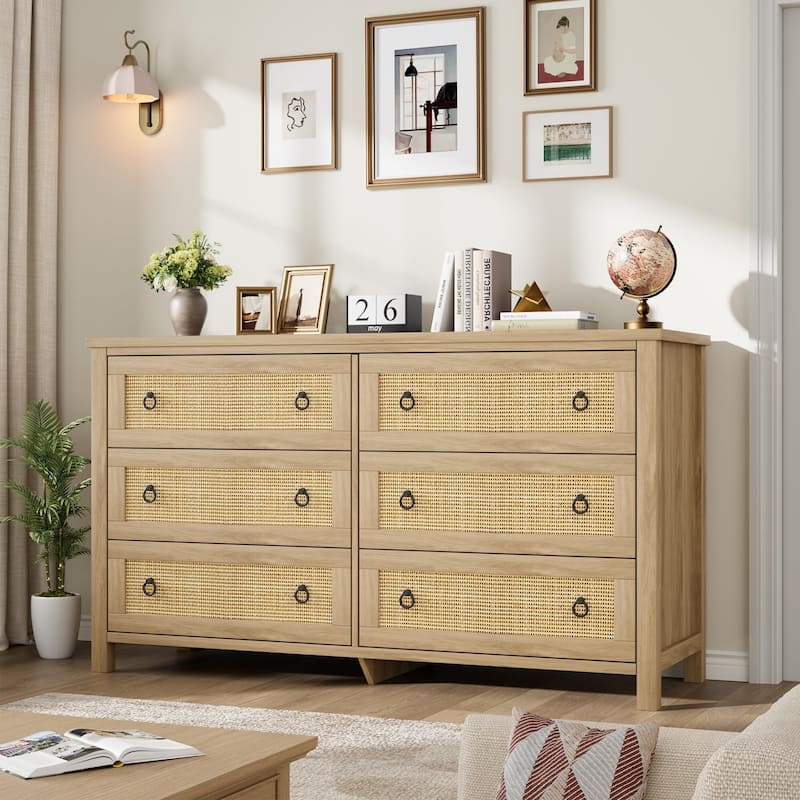 Boho Wide Drawer Dresser with Storage, Wooden Closet Dressers Chest of Drawers Freestanding for Bedroom