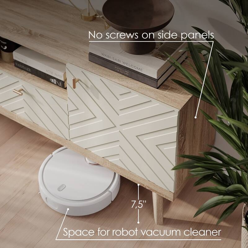 Living Skog Alba Beige TV Stand Console with Drawer Fits TV's up to 65 in. with Wood Legs Mid Century Modern Design