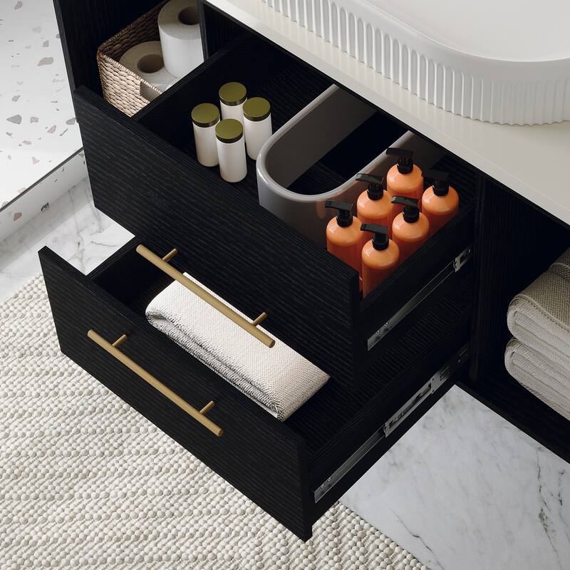 Wall-Mounted Bathroom Vanity With Ceramic Sink Floating Vanity Multi-Layer Solid Wood Cabinet Soft-Close Drawers Open Shelf