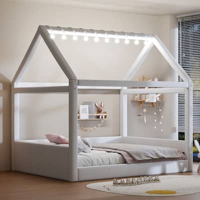 Full Size Upholstered House-Shaped Kids Bed with LED Light Strips, Corduroy Platform Bed Frame Floor Bed