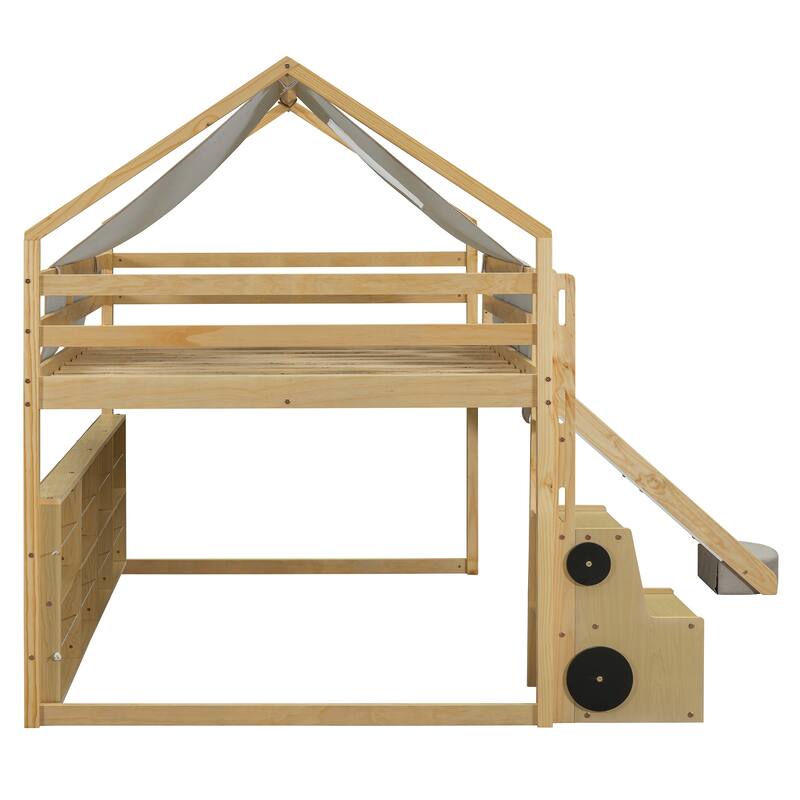 Wooden Loft Bed with House-Shaped Frame, Tent, Slide, and Ladder, Twin/Full Size, Natural Beige