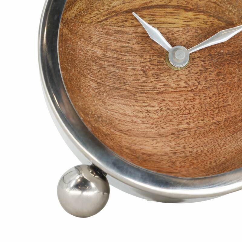 Sagebrook Home's 5" Round Wood Face Table Clock - Timeless Silver Steel, Wood, and Glass Design - 5" x 2" x 6"