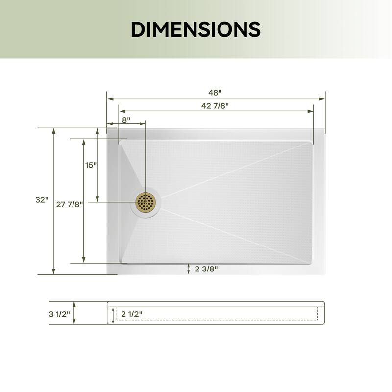 HOROW 48 x 32 Inch Alcove Shower Pan Base in White with Left Drain