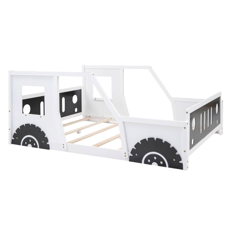 Full Size Classic Car-Shaped Wooden Platform Bed Frame with Wheels, Windows, Fun and Playful Design for Kids, for Bedroom