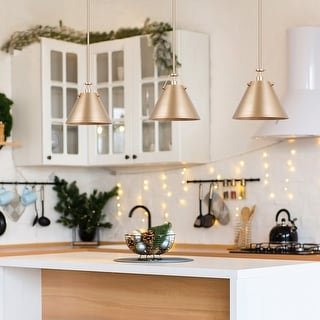 Mid-Century Modern 1-Light Cone Pendant Lights with Antique Gold for Kitchen Island - D 8" x H 69.5"