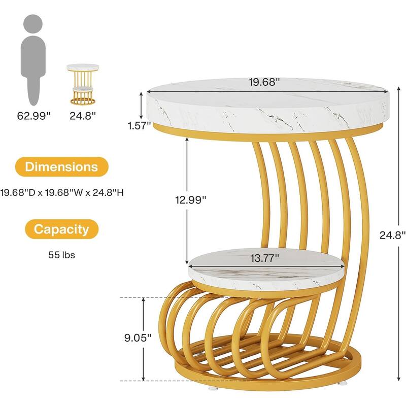 2 Tiers Round End Table with Shelf Storage, Arc-Shaped Side Sofa Table