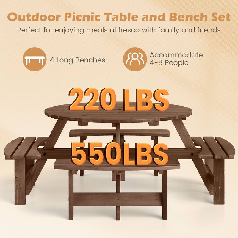 8 Person Wooden Picnic Table Round Outdoor Dining Set with Benches - 71" x 71" x 28"