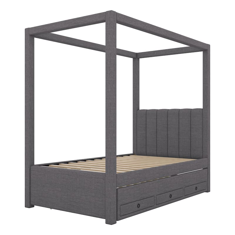 Upholstered Canopy Platform Bed with Trundle and Storage Drawers