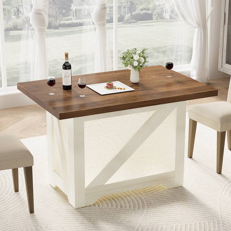 Dining Table with Acrylic X-Base, Kitchen Table for 4 People, Home Office Table with Thick Top - White+Walnut
