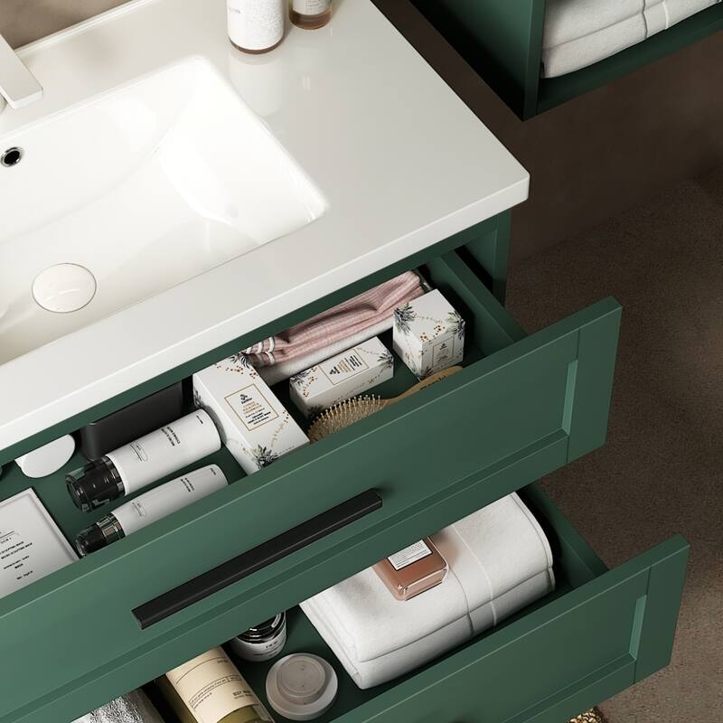 Wall-Mounted Bathroom Vanity with Premium Ceramic Basin, Large Storage, Soft-Close Drawers, and Detailed Assembly Instructions